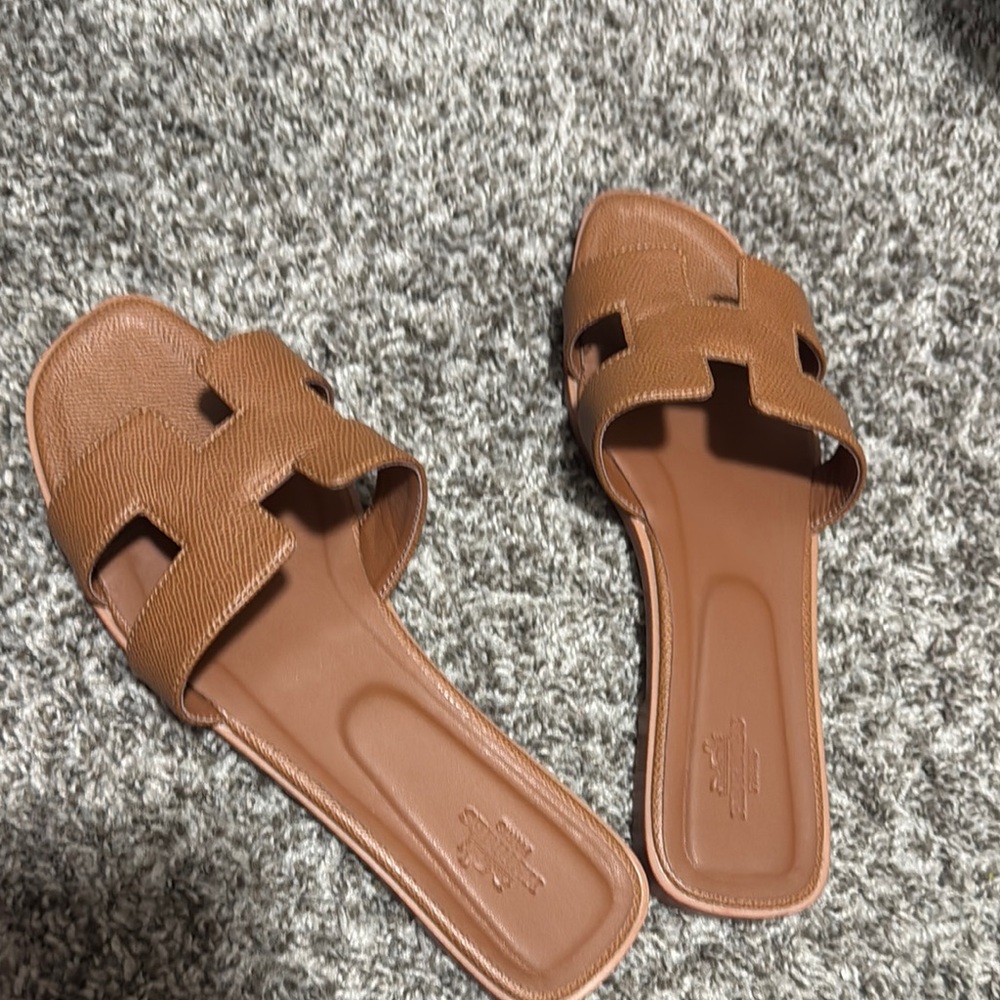 Brown Leather Slide Sandals